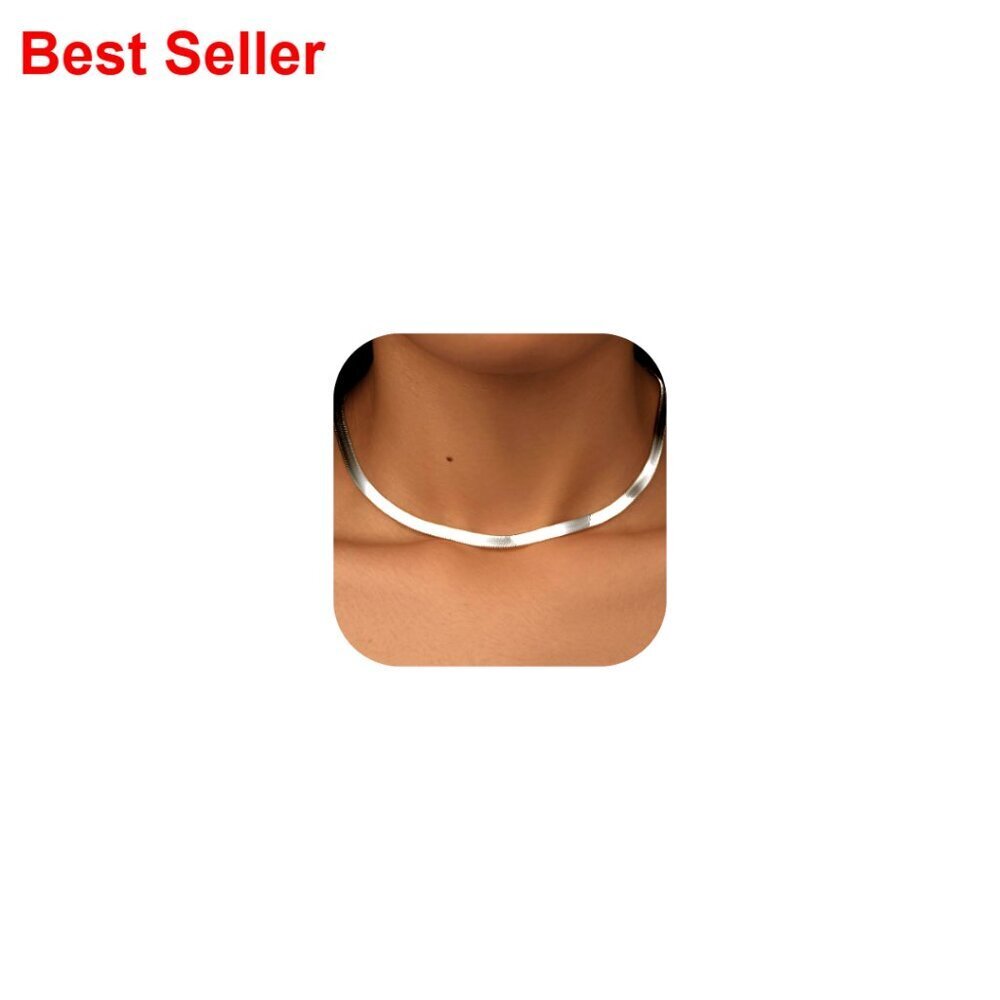 Silver Plated Herringbone Chain Necklace, Dainty Snake Choker, Non Tarnish